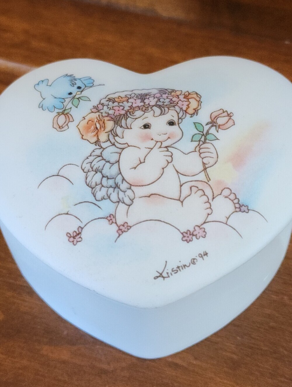 Vtg 1994 Trinket Box Dreamsicles Heart Shape Angel Cherub Floral 2.75" X 1.5"
